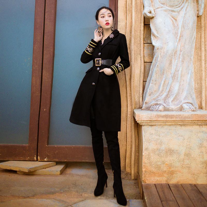 

2020 Full Single Breasted New Special Offer Abrigo Mujer Sobretudo Winter Temperament Embroidery Waist Loose Coat Long Woman, Black