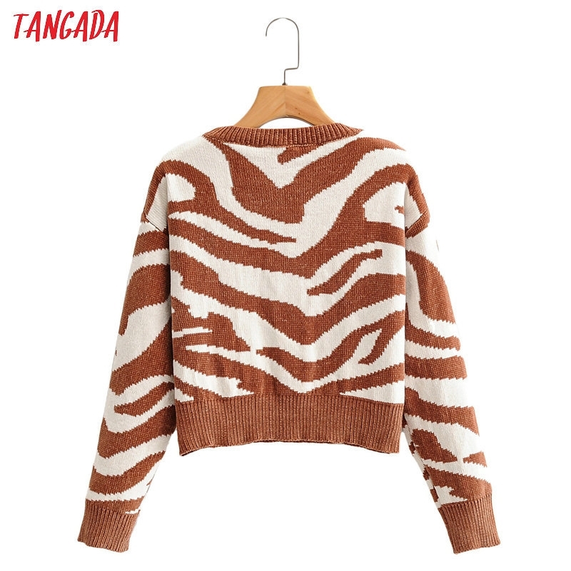 

Tangada fall women leopard pattern sweater cashmere knitted pullover sweater round neck high quality jumper SY108 201203