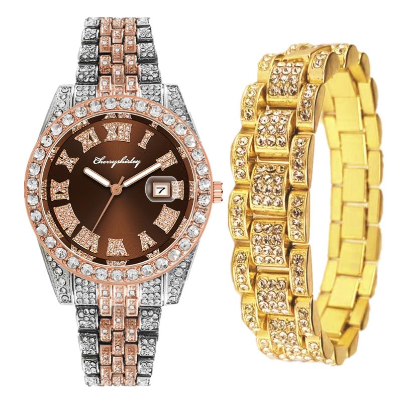 

Wristwatches 2pcs Full Iced Out Watches Mens Bracelet Bling Watch Jewelry For Men Gold Hip Hop Set Clocks Reloj, Slivery;brown
