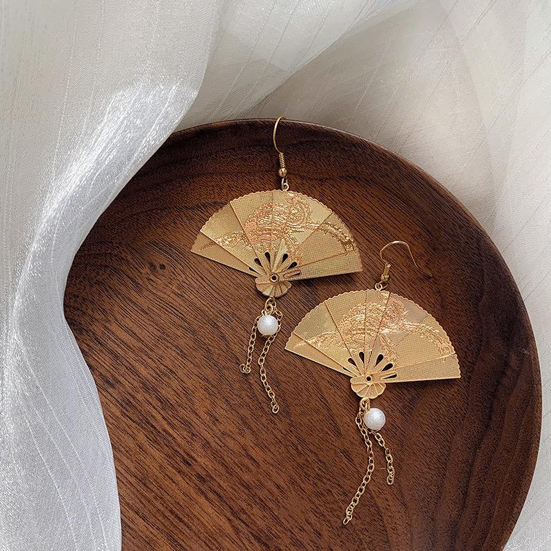

Dangle & Chandelier Retro Chinese Style Fan Earrings For Woman Girl Foldable Ancient Fans Long Tassel Gold Earring Charm Trendy Jewelry