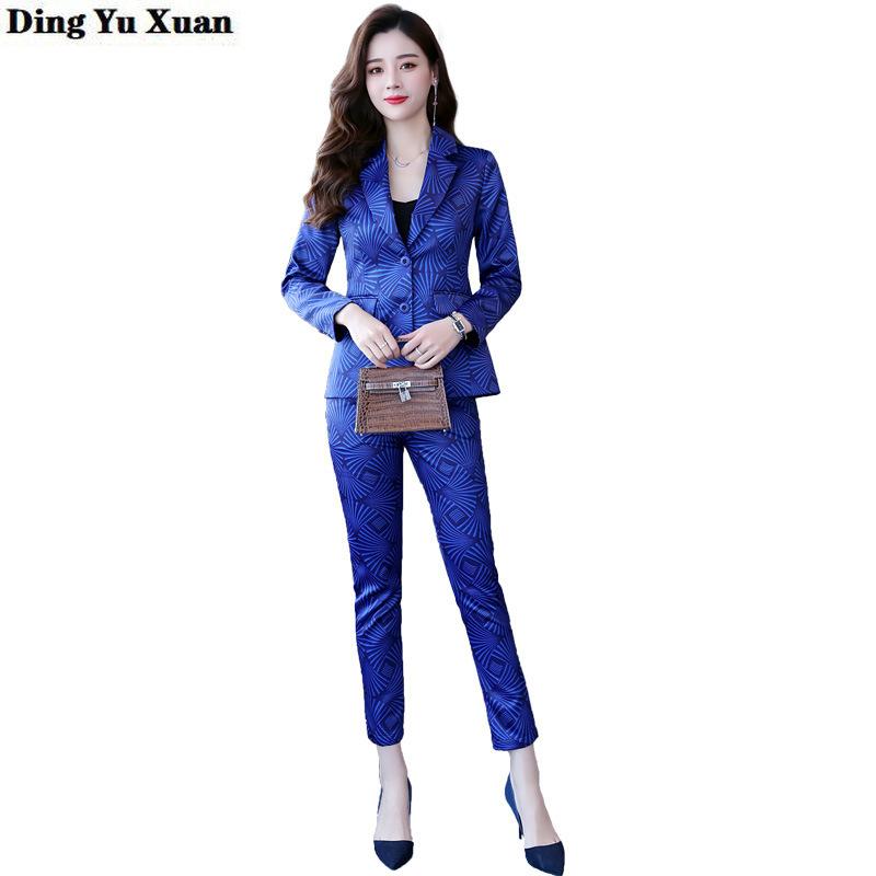 

Women' Professional Suit Elegant Printed Office Lady Blue Purple Yellow 2 Two Piece Blazer Pants Set Women Small Trousers Suits