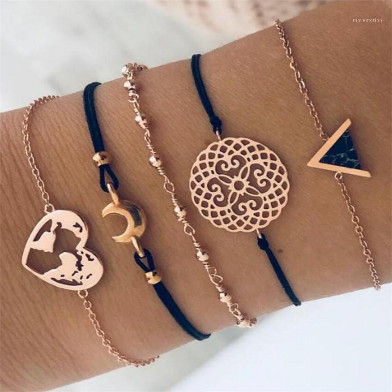 

cmoonry 5Pcs/Set Retro Bohemia Style Heart Map Moon Triangle Charm Bracelets For Women Fashion Black Rope Bracelets & Bangles1