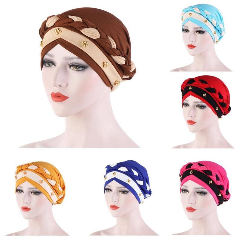 

Beanie/Skull Caps African Female Milk Silk Two-Color Gold Beaded Braid Turban Hat Spring Autumn Muslim Women Head Wrap Hats TB-06G, Black