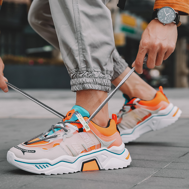 

Hot Style Autumn Trend Outdoor Men Casual Shoes Lightweight Comfortable Breathable Knitted Jogging Walking Soft bottom Sneakers, Orange