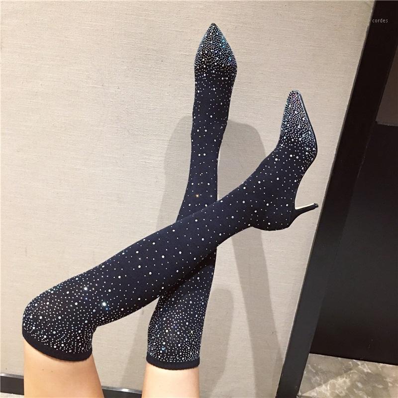 

Natascha Women Boots Crystal Pointed Toe Over-the-knee Boots Thin Heel Shoes Woman Spring/autumn Sexy Part Woman Winter PU1, Black