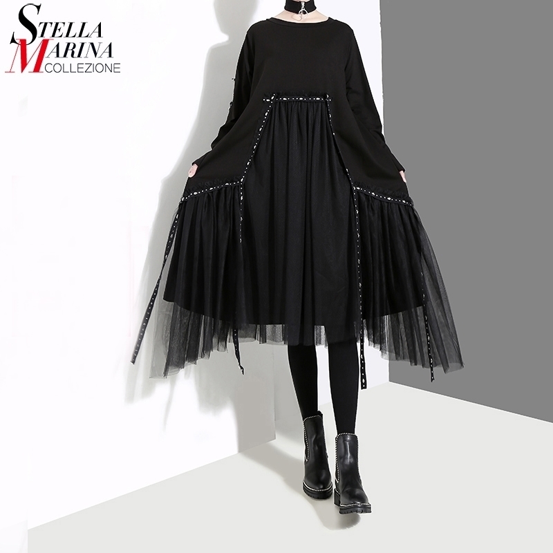 

New Plus Size Korean Style Women Autumn Winter Black Loose Dress Long Sleeve Mesh Overlay Lady Casual Midi Dress Robe 4564 201102, 4564 black