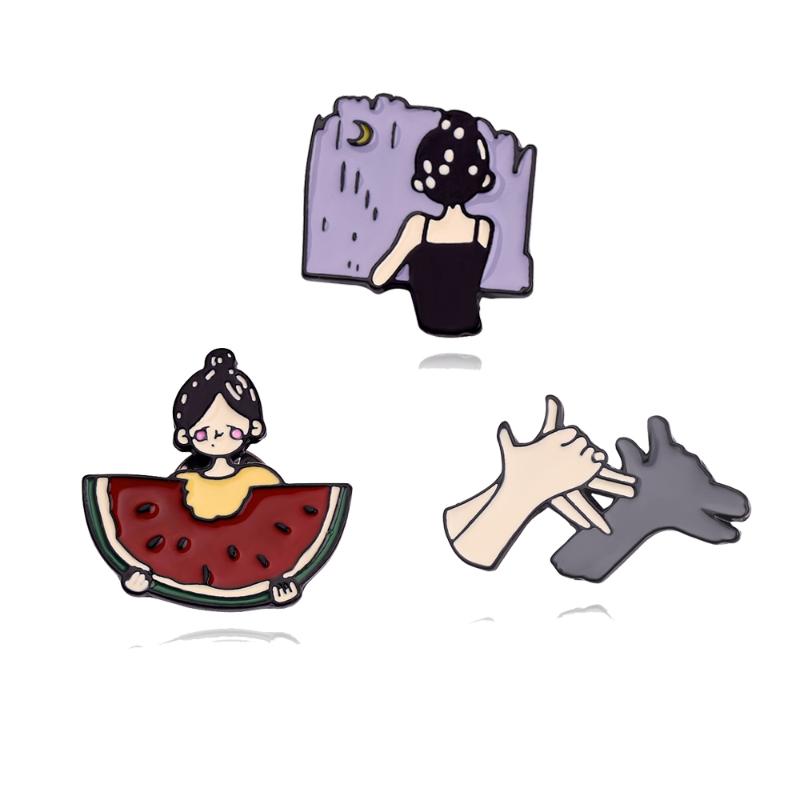 

Fashion Cute Brooch Girl Eating Watermelon Girl Watching Night Scene Giraffe Gesture Projection Enamel Pins Lapel Brooch