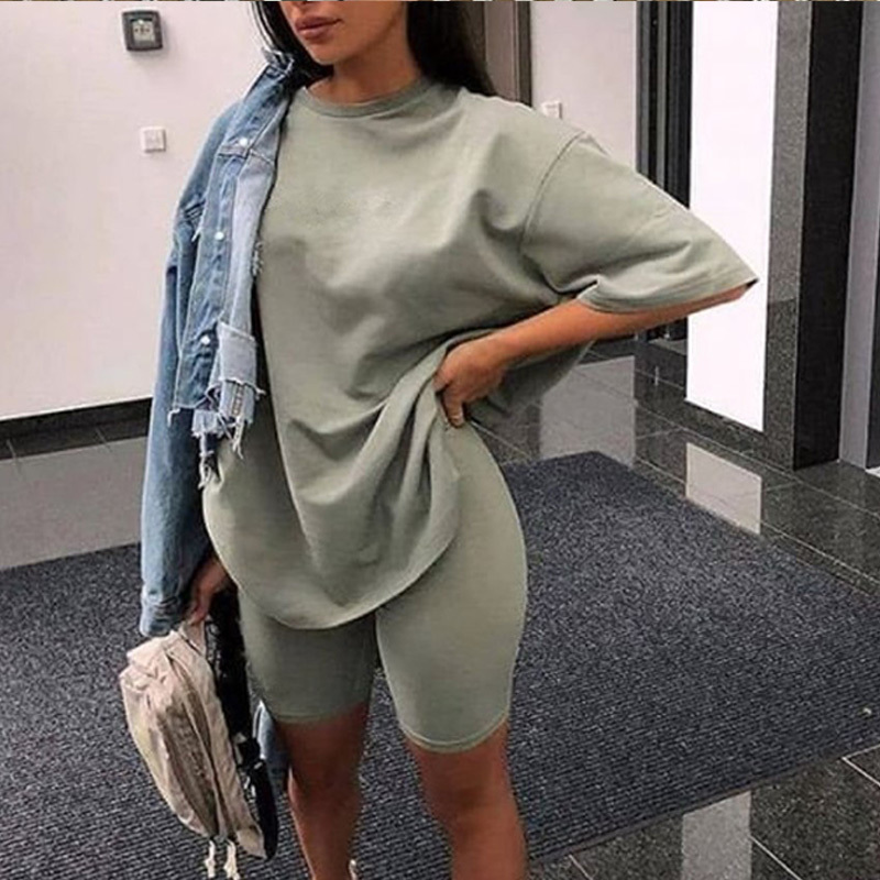 

With Belt Raglan Sleeve Women's Two 2 Pieces Sets Oversize Solid Biker Short Ladies Suit 2020 Summer Streetwear Female Tracksuit T200701, Green black