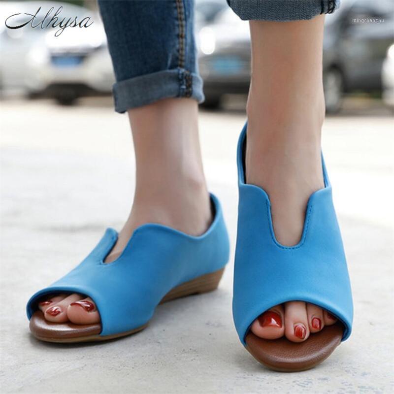 

2020 Summer Sandals Women Simple PU Leather women Shoes peep toe Wedges Comfortable Sandals Female sandalia feminina size 36-421, Blue