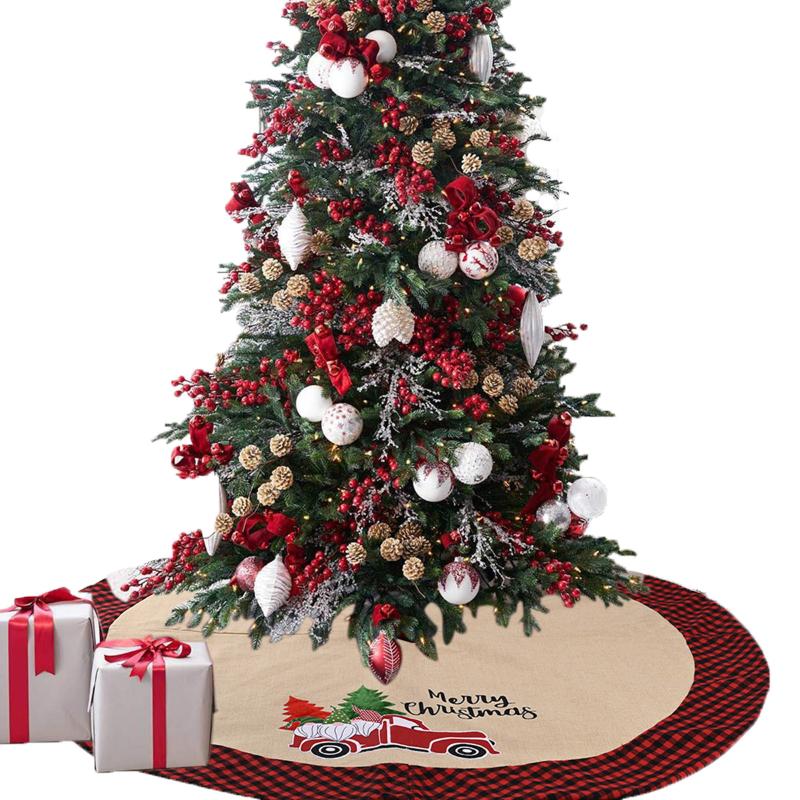 

Christmas Decorations Tree Skirt Merry Car Printed Mat With Red And Black Plaid Edge For Holiday