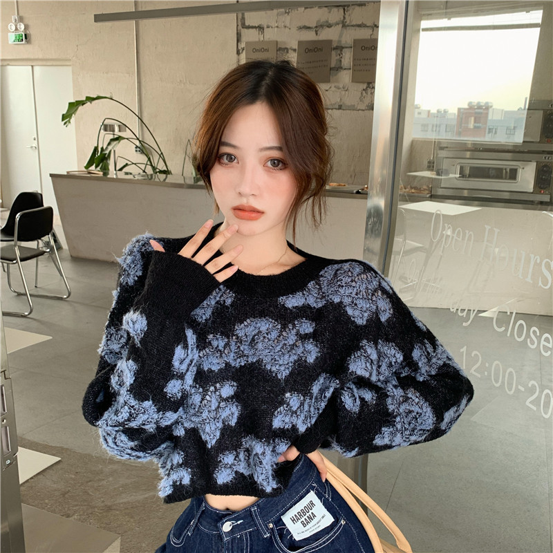 

2021 New Coreano Blusas Projeto Do Vintage Doce Flor Camisola Mulheres Outono Nova Solto Malha Cropped Top Mujer Sueteres KIH5, Black