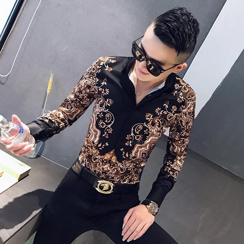 

2020 New Casual Slim Fit Shirt Dress Stylish Mens Floral Shirts Prom Tuxedo Camisa Masculina High Quality Men Shirt Long Sleeve, Black