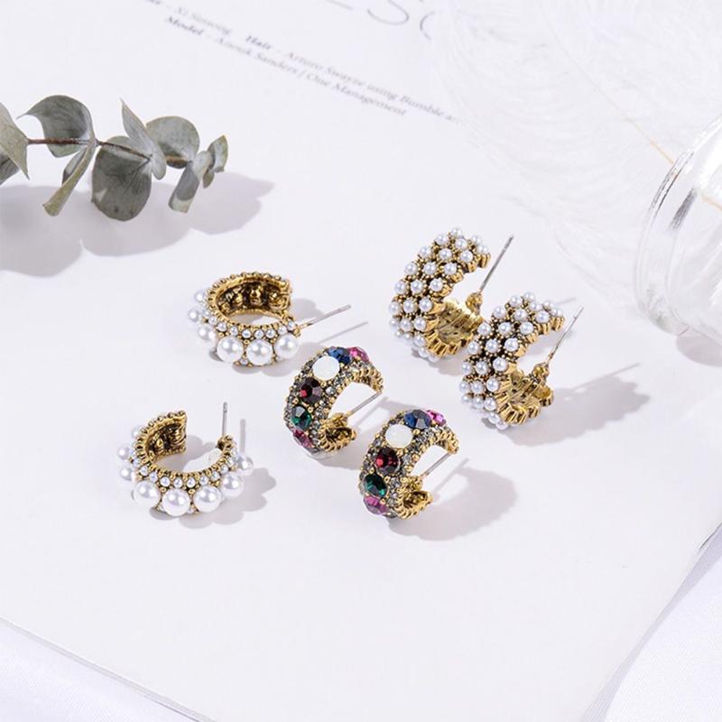 

Hoop & Huggie Vintage Small Earrings Fashion Colorful Rhinestone Women Simulated Pearl Semicircle Pendientes