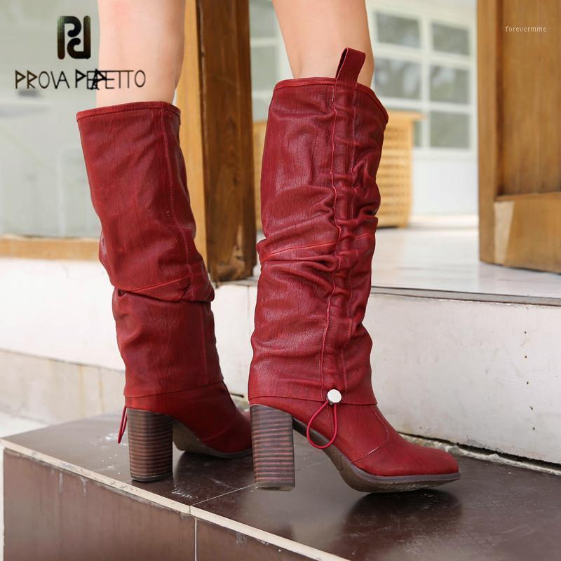 

Prova Perfetto Genuine Leather Sheepskin Women Thigh High Boots Crocodile Print Solid Color Round Toe Crude High Heel Lady Boots1, Brown