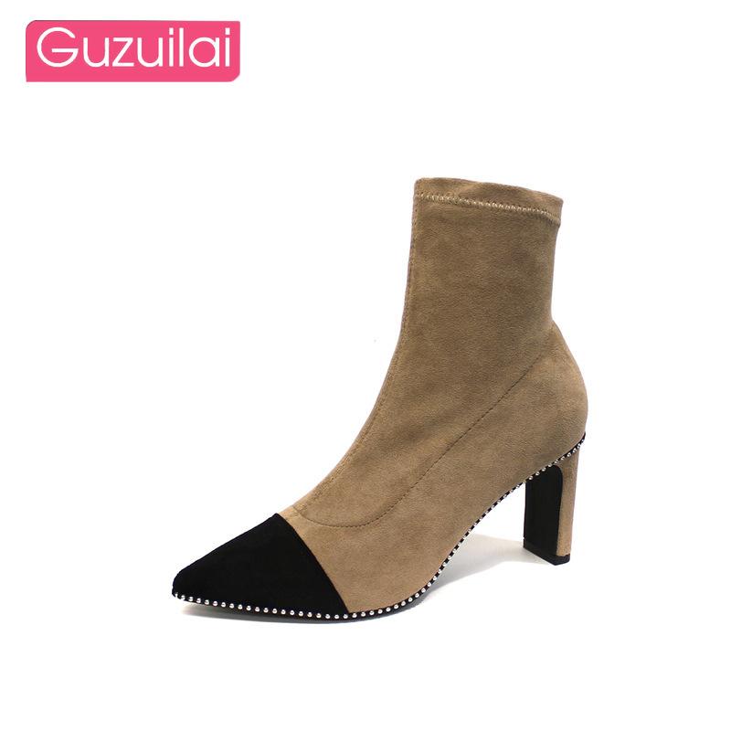 

GUZUILAI 2020 ladies patchwork ankle boots PU square heel high black autumn new female low s, Beige