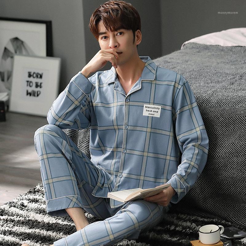 

Autumn Warm Male Pajamas Blue Cotton Pyjamas Lapel Cardigan Sleepwear Men Plus Size Loose Pyjama Long Sleeve Simple Sleep Top1, 003
