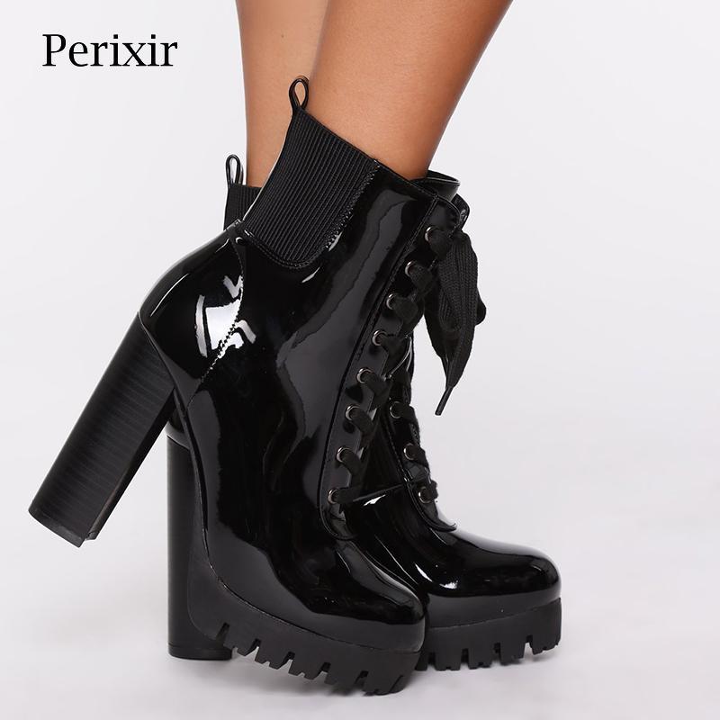 

Perixir Design 2020 Women Autumn Ankle Boots Platform Chunky Heeled Gothic Lace-up High Heel Winter Bootie Sexy Ladies Shoes.1, Black