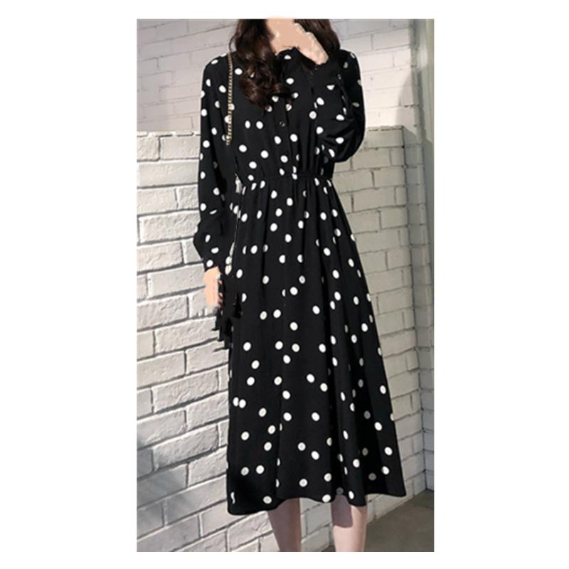 

New autumn floral loose dress women western style is thin round neck temperament long long sleeve chiffon dress, Black floral