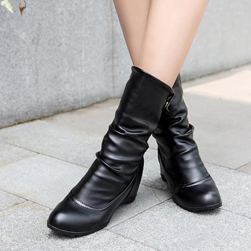 

Solid Color Soft Leather Platform Boots for Women Winter Leather Round Toe 7cm Increased Heel Boots1, Black