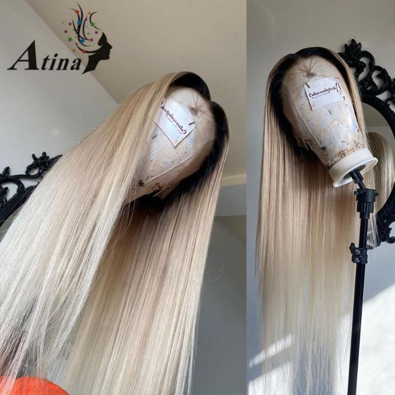 

Ombre Blond Straight Glueless lace front wig For Black Women PrePlucked HD Transparent Glueless Remy Human Hair Wig Full Closure, As pic