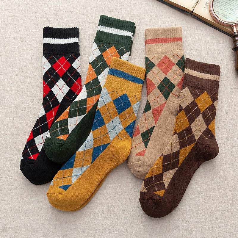 

Thick Crew Socks Men Ins Fashion Rhombus Casual Cotton Winter Warm Japanese Fashion College Style Business Socks Women Dropship, Black