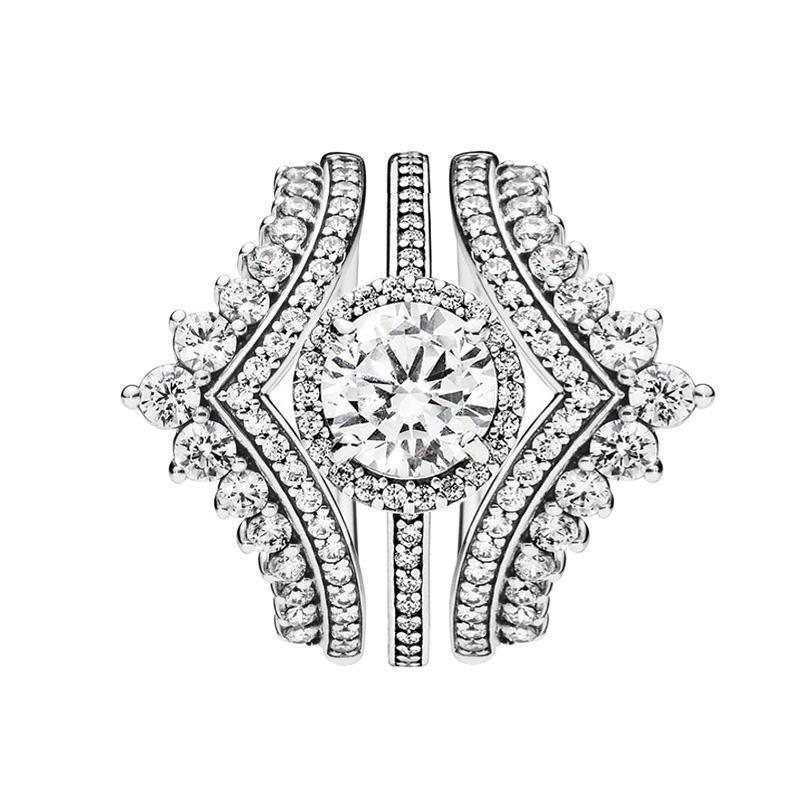 

Factory wholesale925 Sterling Silver 3 in 1 Luxury Ring set & Cz Stones Princess Wish Round Sparkle Halo Wedding Rings Jewelry For Women with Original