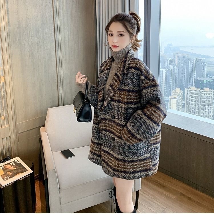

2021 New Winter Chess Tweed Woman Pockets Blend with Double-v Cleavage Breasted Outerwear Ladies Jacket E9EX, Green.