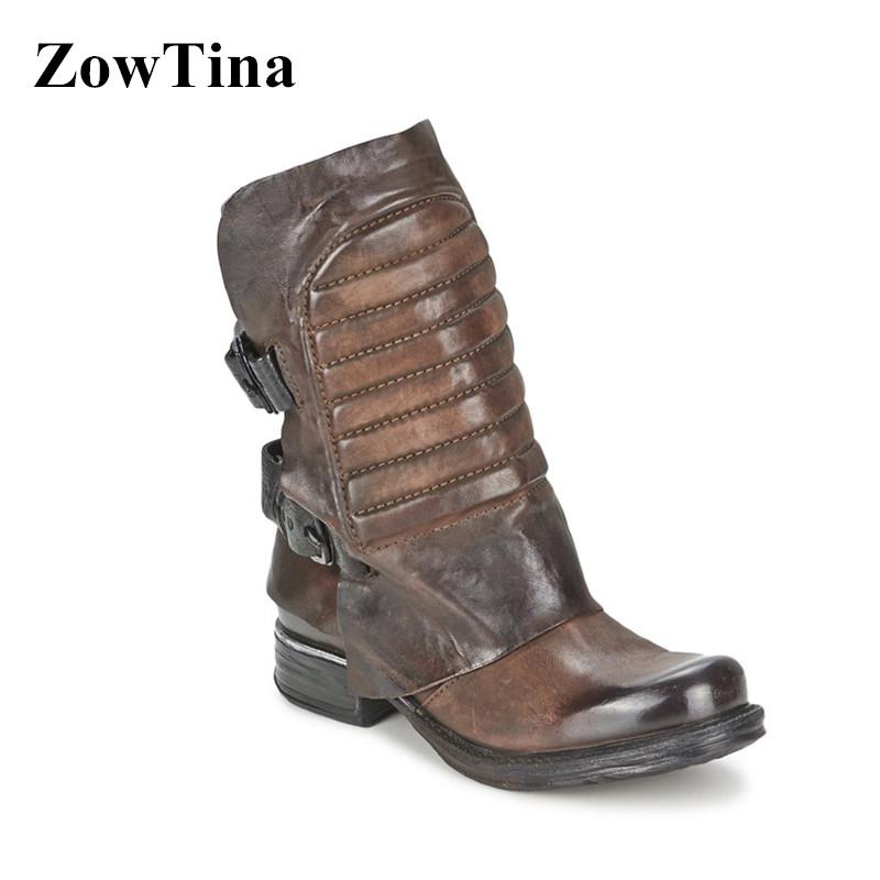 

Euro Fashion Boots Women Winter Booties Genuine Leather Zapatos Mujer Gladiator Botas Buckle Chaussure Vintage Motorcycle Boots, Color 1