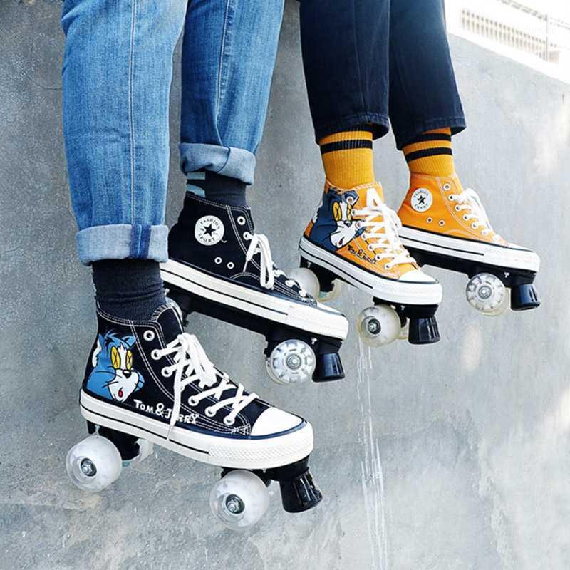 

JK Skates Quad Roller Skates Unisex Canvas Double Line Adult Kid Two line Skating Shoes With LED PU 4 Wheels1, Yellow no lighting