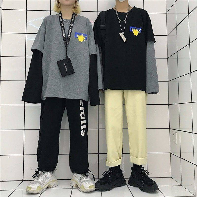 

Cool High Street T-Shirt Men 2019 Spring Brand Hiphop Splicing Tee Top Casual Fake Two Pieces Long Sleeve Streetwear Men T Shirt, Black