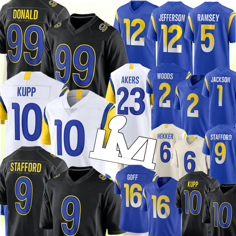 

99 Aaron Donald Jersey 9 Matthew Stafford 10 Cooper Kupp Football Jerseys 23 Cam Akers Robert Woods Van Jefferson Johnny Hekker Jalen Ramsey Eric Dickerson Jared Goff, Men+patch {s-xxxl}