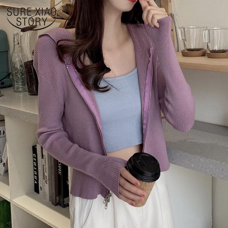 

Chic Sweatershirt Hooded Women Cardigan Sweater Fashion Zipper Long Sleeve Cardigans Spring Autumn Knit Outwear Coat Thin 11802, White