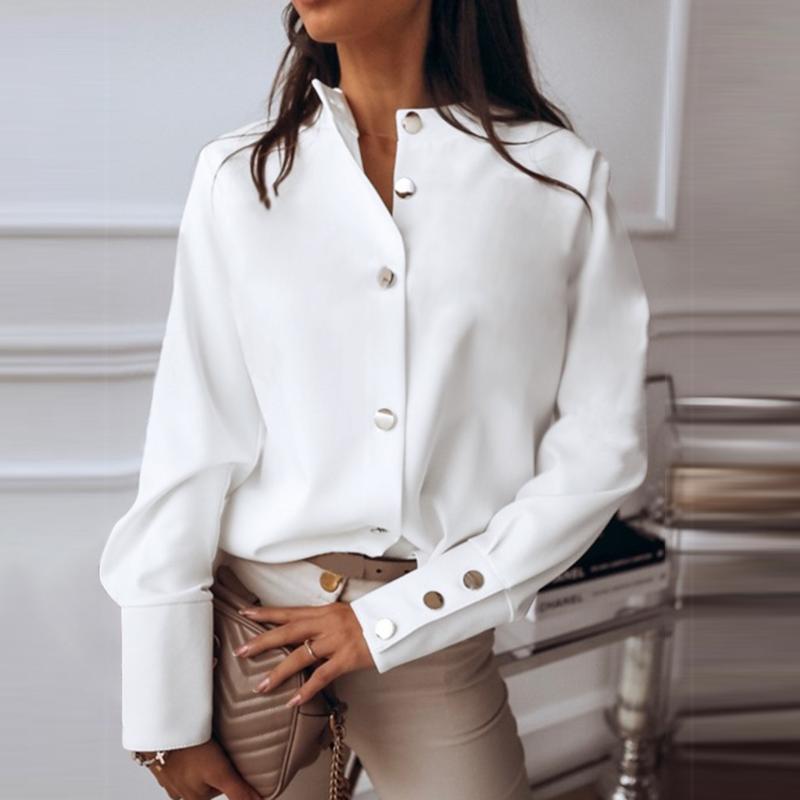 

#Z20 Office Women' Blouse Round Collar Long Sleeve Metal Button Solid Casual Blouse Women Tops White Female Shirt Ropa Mujer, Black