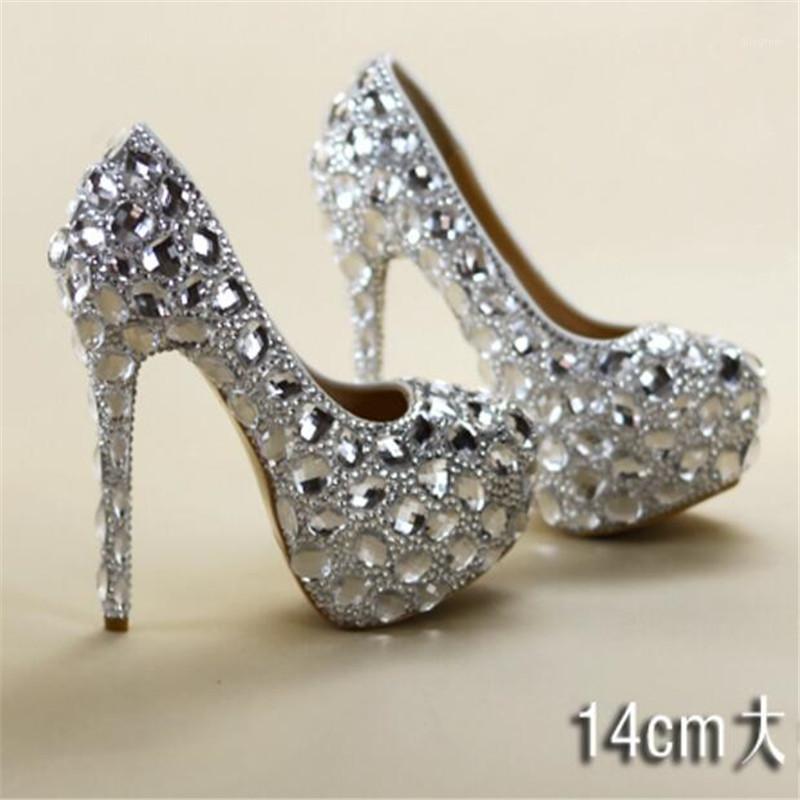

8-11-14CM crystal rhinestone women wedding shoes white bridal shoes big size 41 married high-heel platform female diamond1, Silvery white 14cm