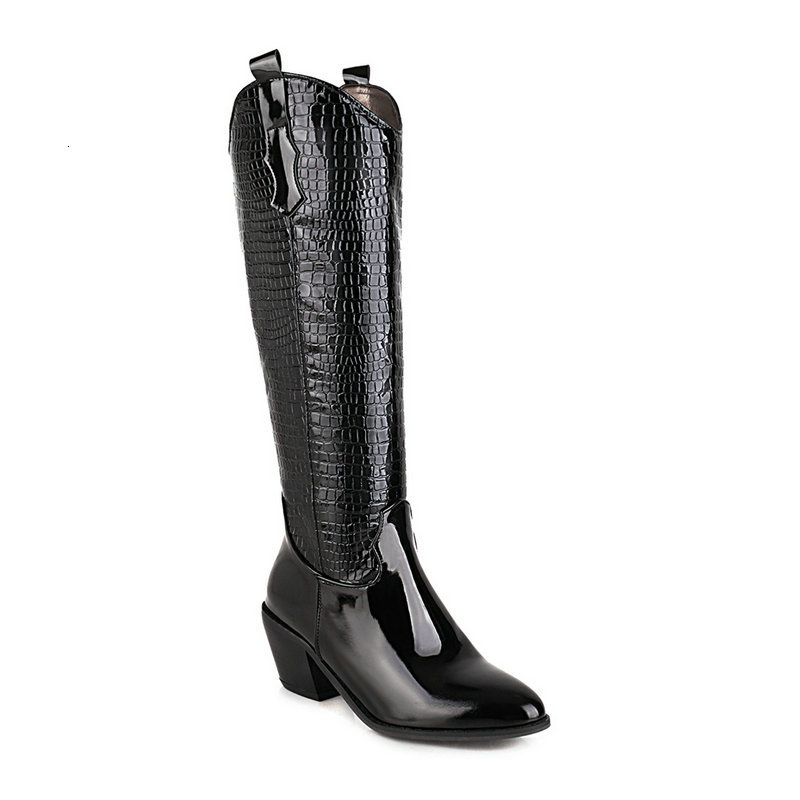 

2021 New Autumn Winter Fashion Ladies Pu Leather Slip on Knee Boots Square High Heel Women Shoes Size 34-43 Weg4, Black