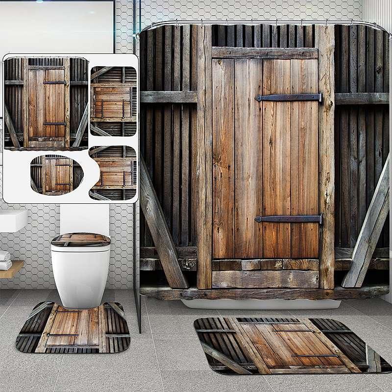 

Rustic Barn Door Shower Curtain Set with Non-Slip Rug Toilet Lid Cover Bath Mat and Hooks Vintage Wooden Gate Waterproof Cover S1