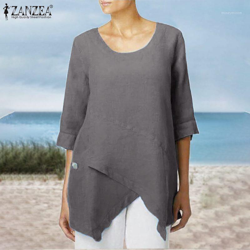 

ZANZEA Elegant Asymmetrical Shirts 2020 Women' Spring Blouse Casual 3/4 Sleeve Blusas Female Button O Neck Tunic Top Plus Size71, Black