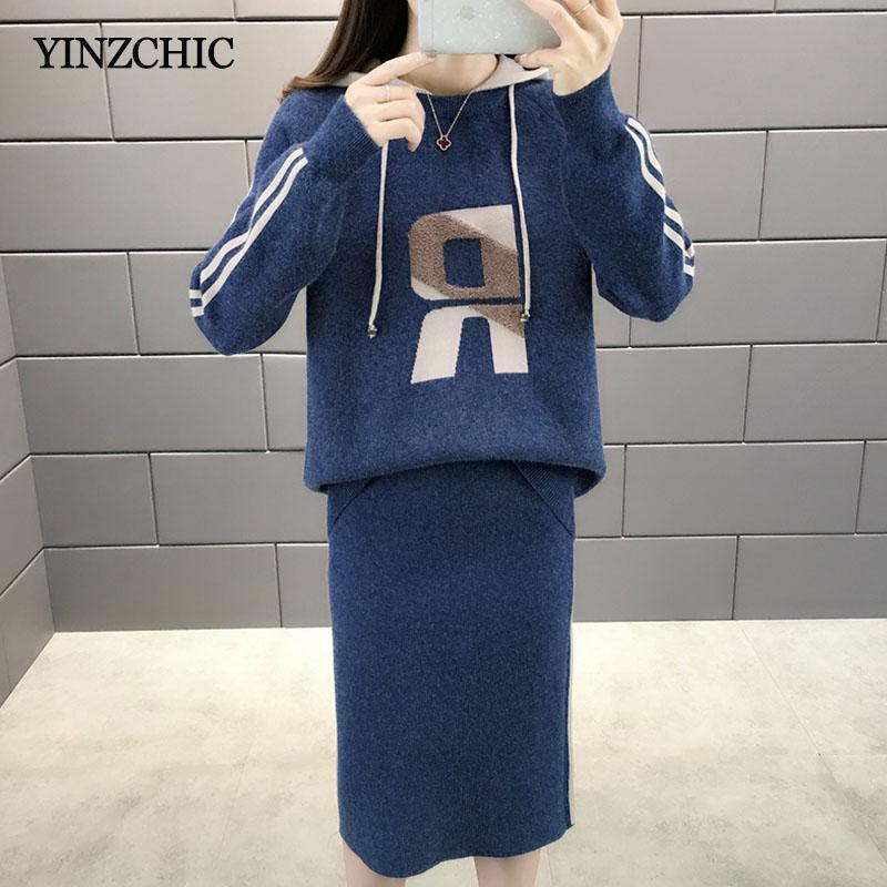

Casual Woman Knitted Hoody Skirt Set Letter Print Ladies Warm Winter Knitted Sets Casual Female Warm Two-pieces Sets New, Brown