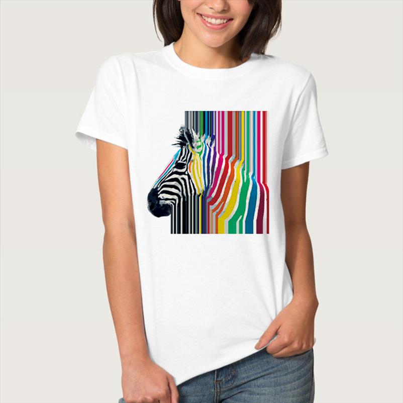 

colorful zebra stripe print t shirt women short sleeve o neck loose tshirt summer women tee clothes camisetas mujer, White