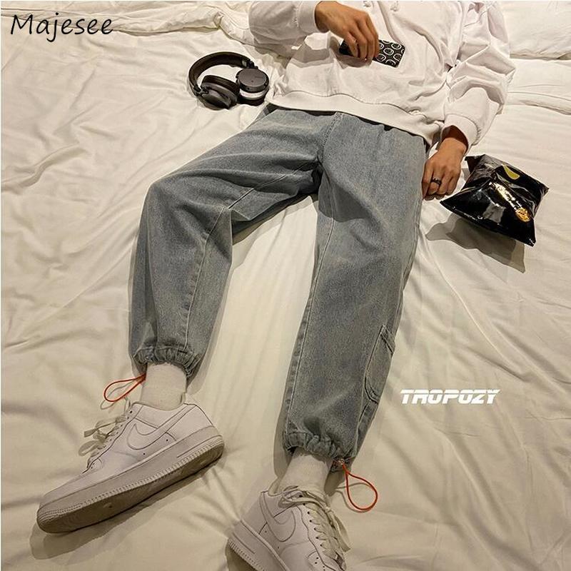

Men Jeans Solid Pocket Drawstring Elastic Waist All-match Leisure Loose Chic Denim Korean Style Pencil Males Trendy Trousers New, Light blue