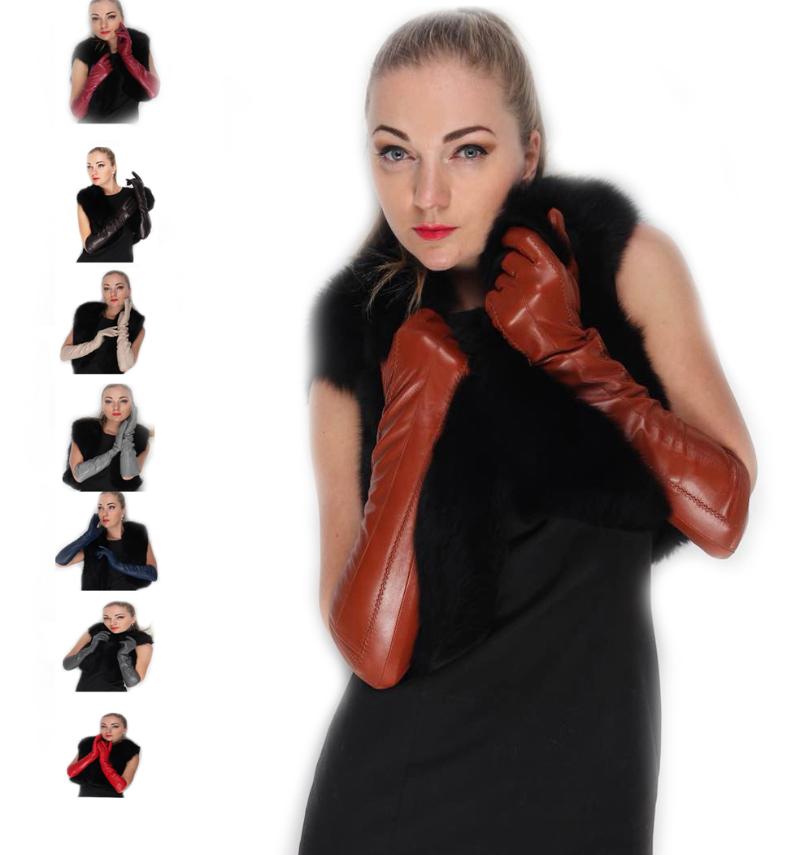 

Five Fingers Gloves Women Elbow Long Lines Real Sheep Leather Winter Warm