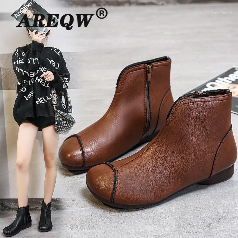 

Autumn Winter Women Boots 2020 Pu Leather Ankle Boots Flats Snow Zipper Round Toe Punk Ladies Shoes1, Brown