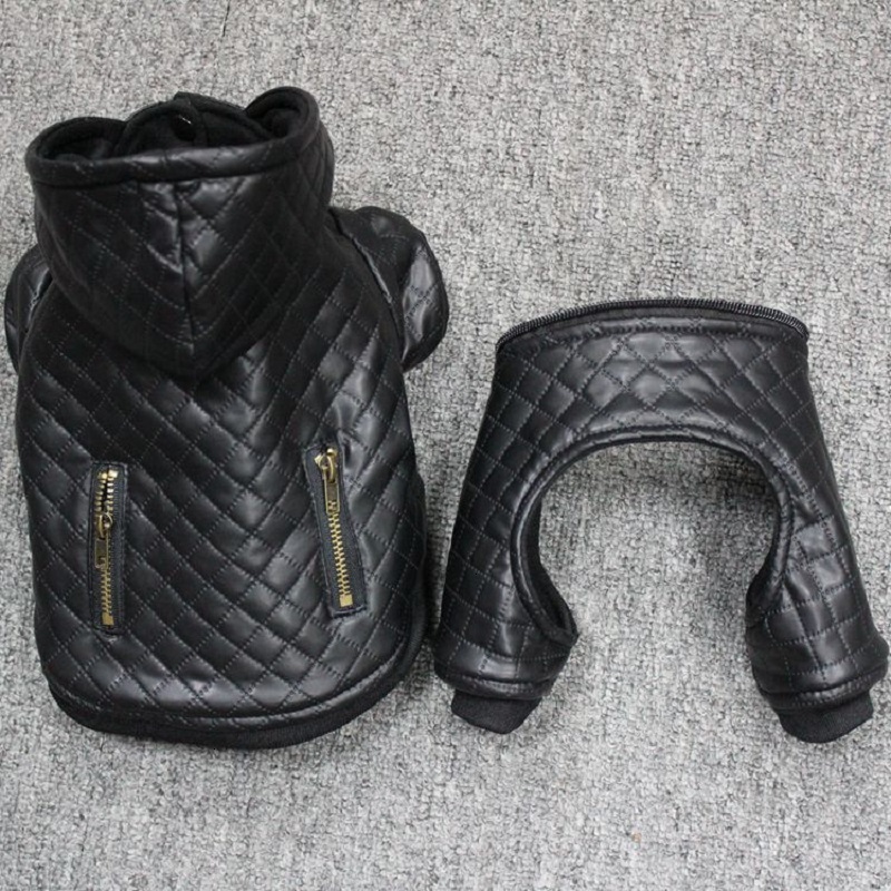 

New Design Leather Pet Dog Clothes Winter Detachable Two -Piece Set Dog Coat Jacket Warm Four Legs Hoodie Dog Apparel Pet Clothing, Black