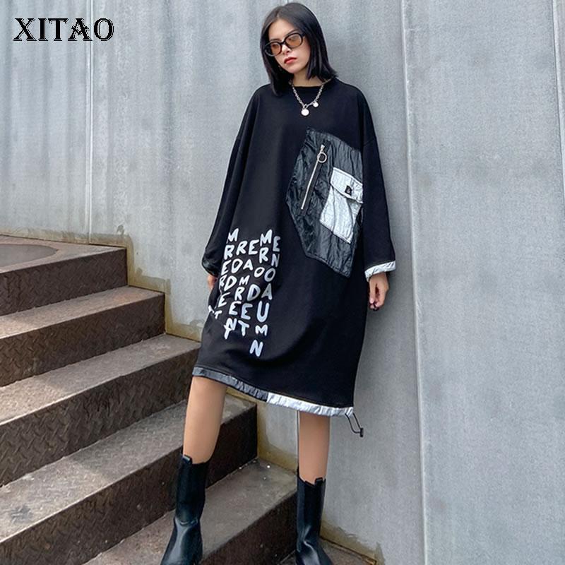 

XITAO Patchwork Letter Pocket Dress Women 2020 Autumn Casual Fashion New Style Temperament O Neck Full Sleeve Loose Dress ZP3270, Black zp3270