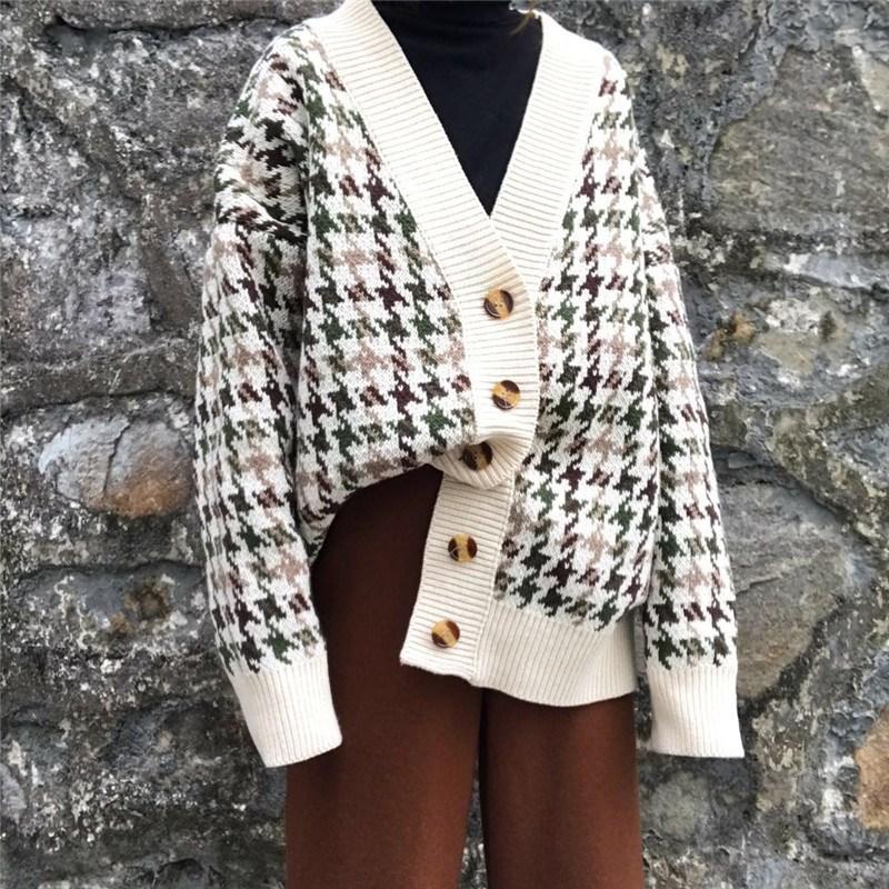

Sweater autumn plaid knitted jacket Korean cardigan new women's long section loose lazy, Beige