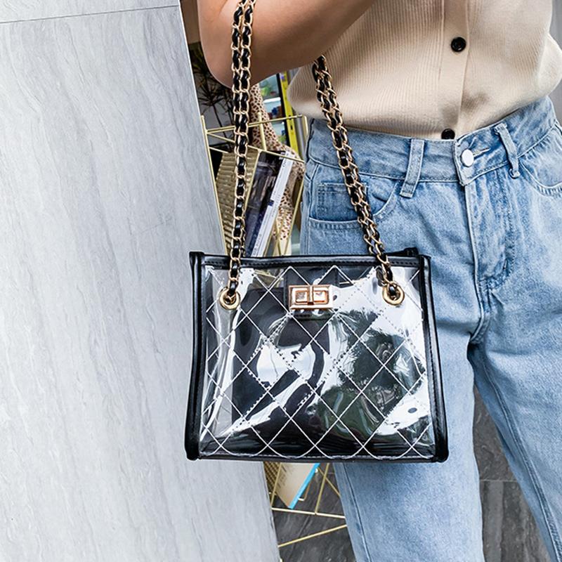 

Transparent Jelly Big bag 2021 Fashion New High Quality PVC Women's Designer Handbag High capacity Chain Shoulder Messenger Bags, Black