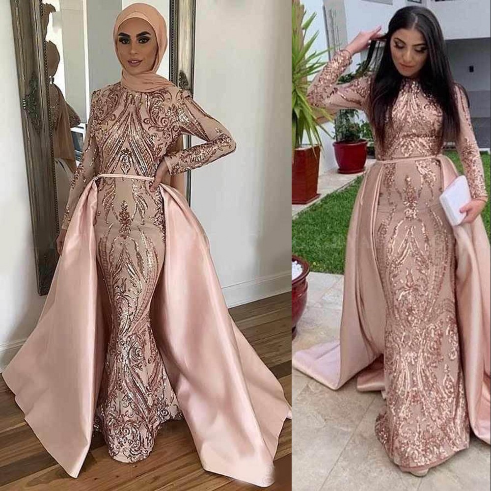 

2021 New Blush Pink Rose Gold Muslim Evening Dresses Wear with Detachable Train Hijab Style Long Sleeves Abaya Dubai Prom Dress Party Gowns, Same as picture