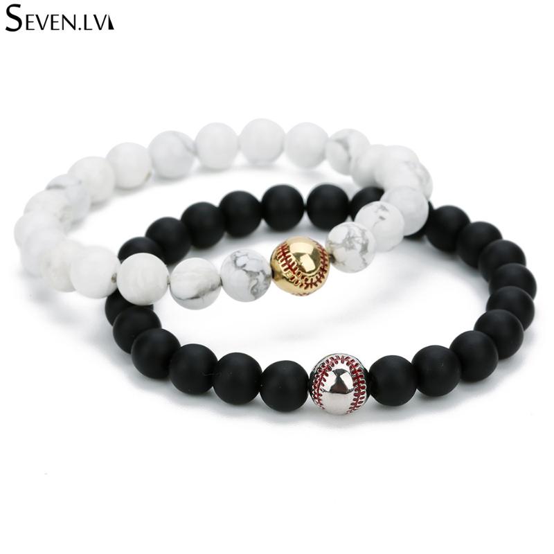 

Charm Bracelets Metal Baseball Pendant Bracelet 8mm Elastic Natural Stone Frosted Beaded Sports Jewelry Bangle For Men