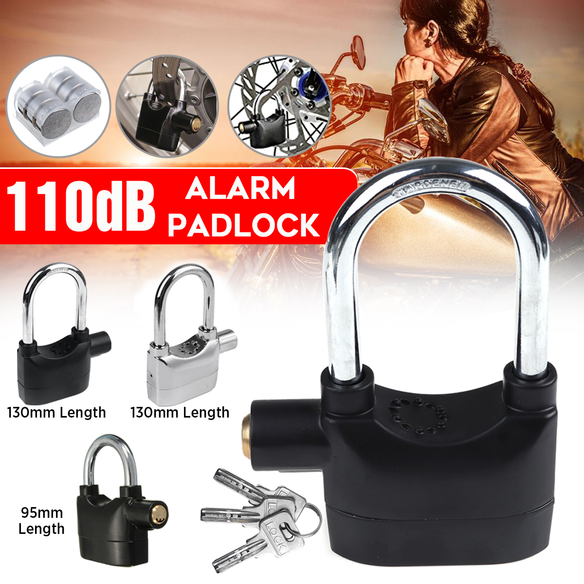 

110db Alarm Padlock High Security Sirens Lock For Motorcycle Bike Bicycle Home