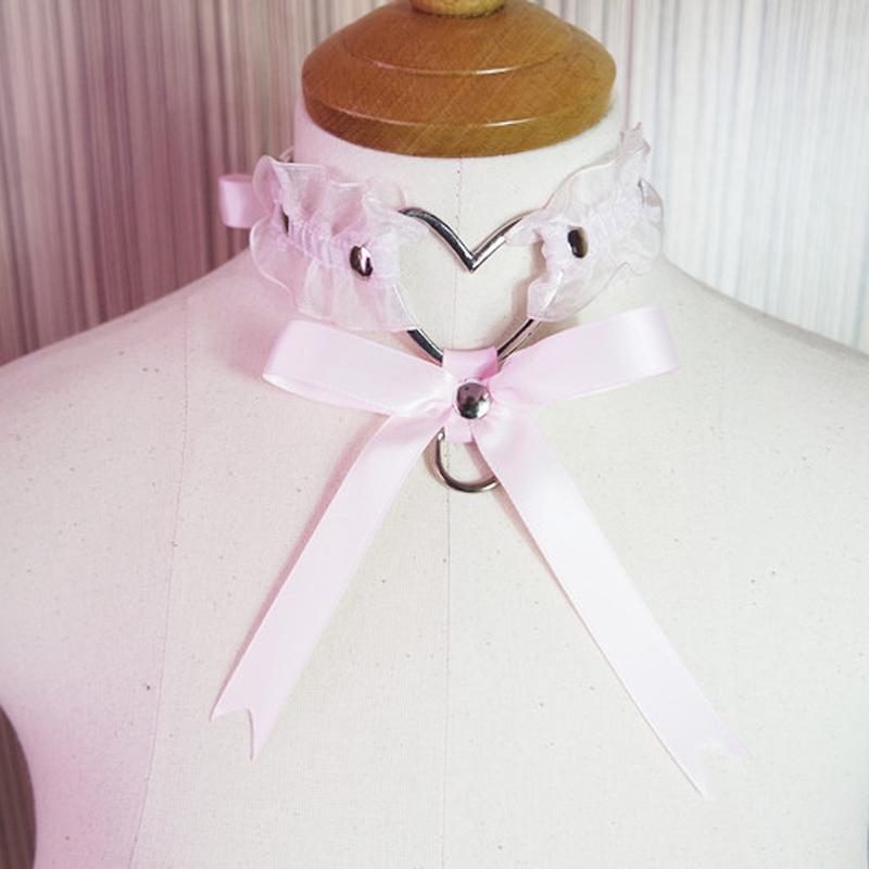 

Chains Sexy Lolita Cute Handcrafted Lace Up Elastic Collar Big Heart Bow Ribbon Choker Necklace